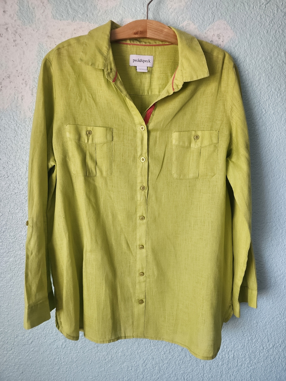 Peck & Peck Lime Green Linen Pullover Half Button-Down Shirt